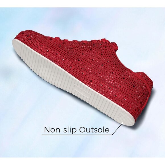 Lucky Step Red Rhinestone Pewter Bridal Bling Glitter Bedazzled Shiny Sneakers - Picture 4 of 9